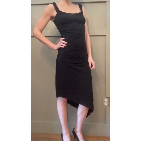 BCBG maxAzria ruched asymmetric hem midi dress black size XS - Picture 2 of 15